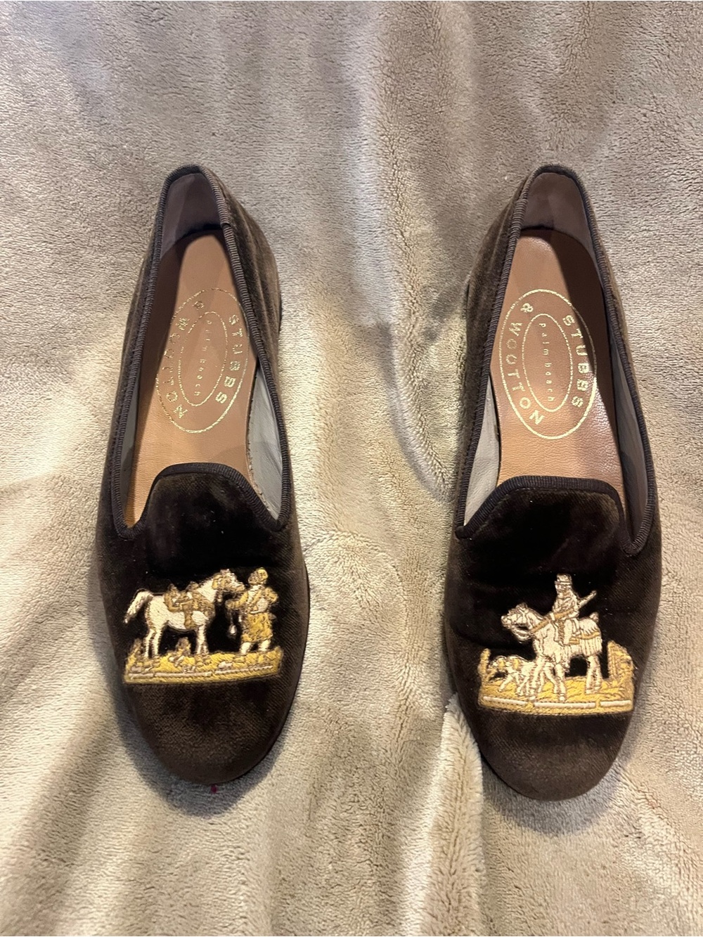 Stubbs & Wootton Brown Velvet Embroidered Equestrian Loafers
